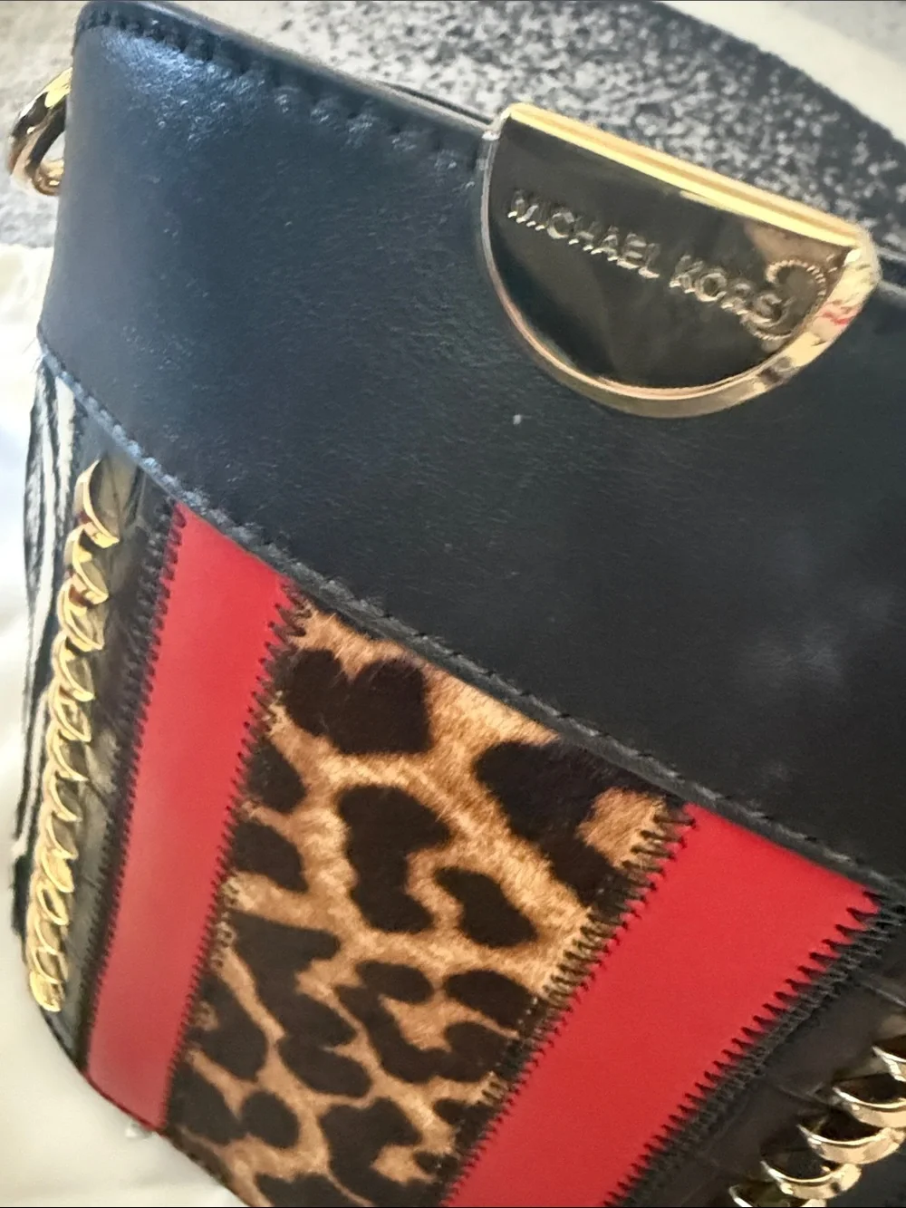 Michael Kors Black Zebra Leopard Crossbody with Red Stripes
